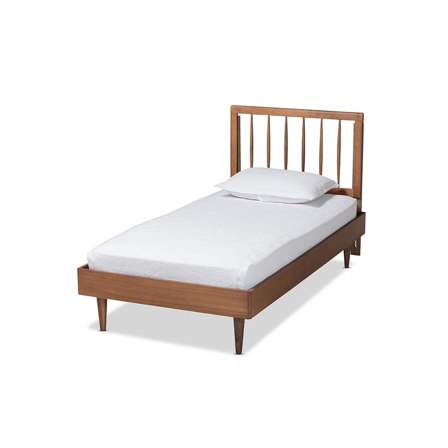 Sora Mid-Century Modern Ash Walnut Finished Wood Twin Size Platform Bed. Picture 1