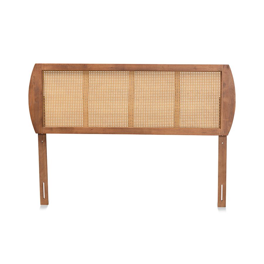 Modern Ash Walnut Finished Wood and Synthetic Rattan Full Size Headboard. Picture 2
