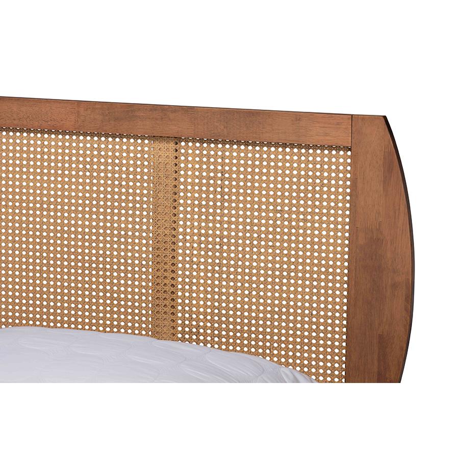 Walnut Brown Finished Wood and Synthetic Rattan Full Size Platform Bed. Picture 4