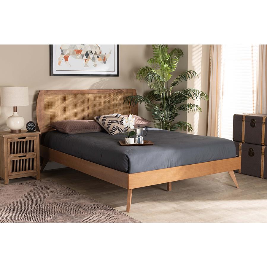 Walnut Brown Finished Wood and Synthetic Rattan Full Size Platform Bed. Picture 6