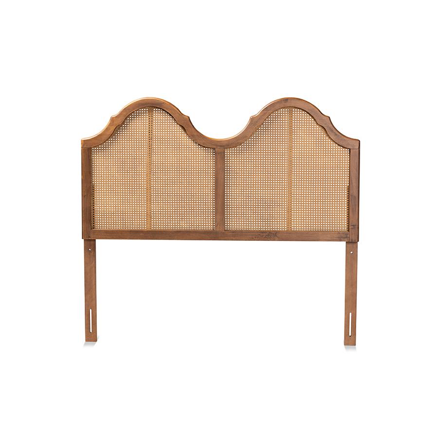 Hazel Vintage Classic and Traditional Ash Walnut Finished Wood and Synthetic Rattan Full Size Arched Headboard. Picture 2