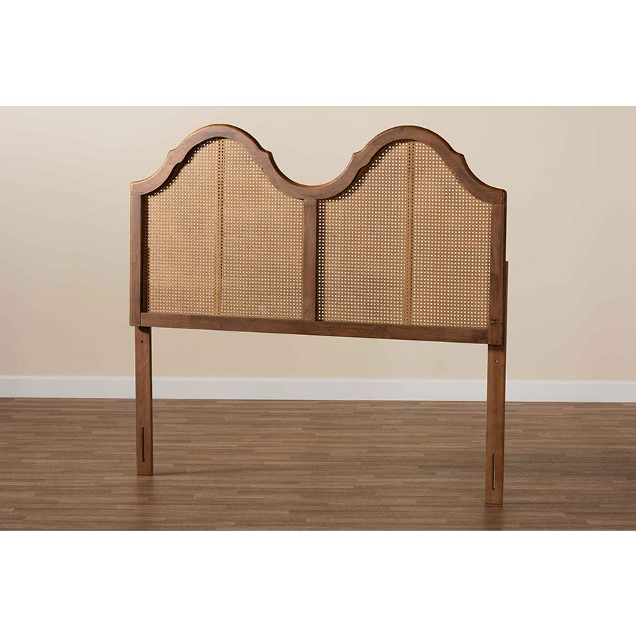 Hazel Vintage Classic and Traditional Ash Walnut Finished Wood and Synthetic Rattan Full Size Arched Headboard. Picture 4