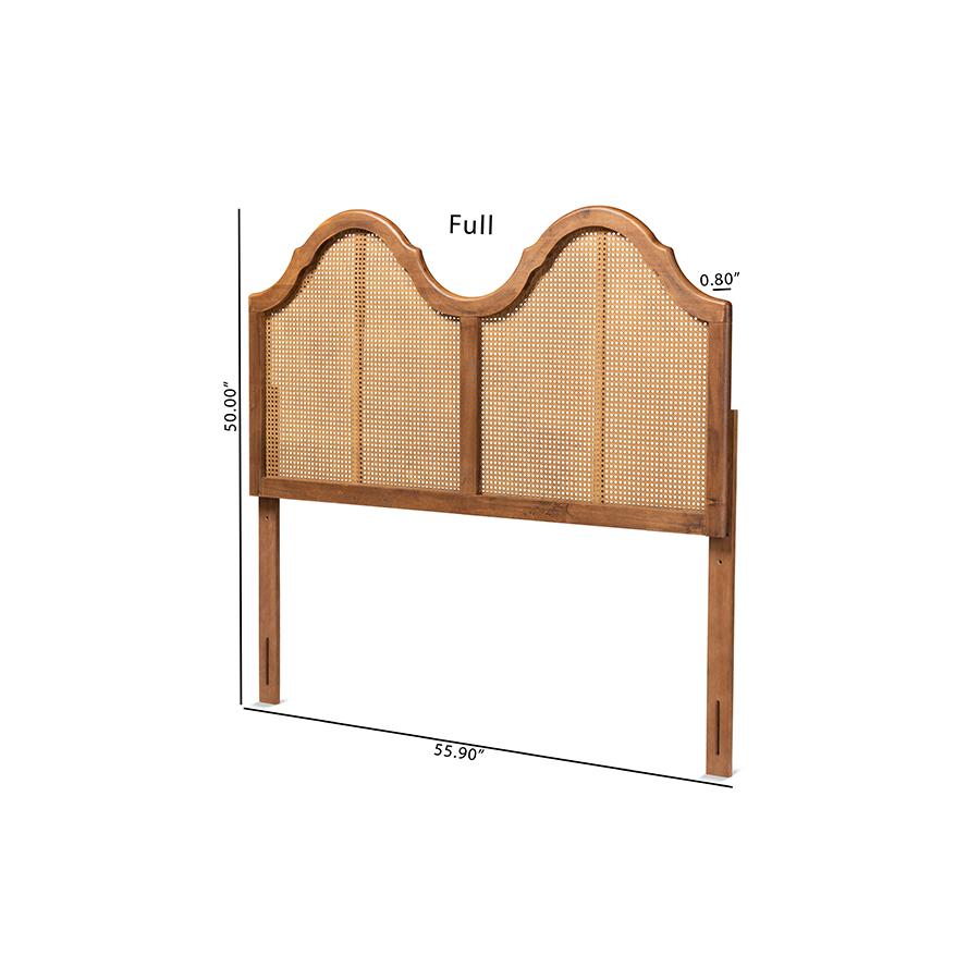 Hazel Vintage Classic and Traditional Ash Walnut Finished Wood and Synthetic Rattan Full Size Arched Headboard. Picture 5