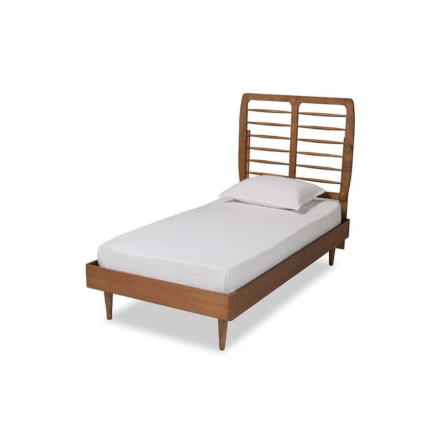 Rayna Mid-Century Modern Walnut Brown Finished Wood Twin Size Platform Bed. Picture 1