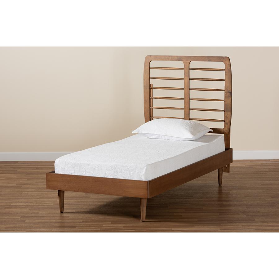 Rayna Mid-Century Modern Walnut Brown Finished Wood Twin Size Platform Bed. Picture 7