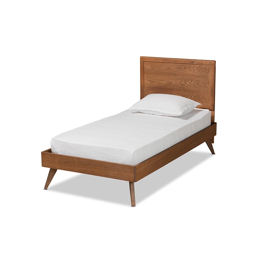 Jiro Mid-Century Modern Walnut Brown Finished Wood Twin Size Platform Bed. Picture 1