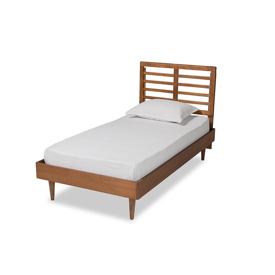 Delia Mid-Century Modern Walnut Brown Finished Wood Twin Size Platform Bed. Picture 1