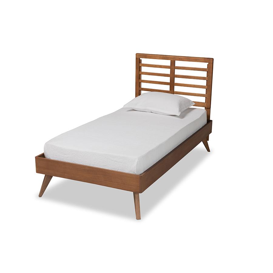Eris Mid-Century Modern Walnut Brown Finished Wood Twin Size Platform Bed. Picture 1