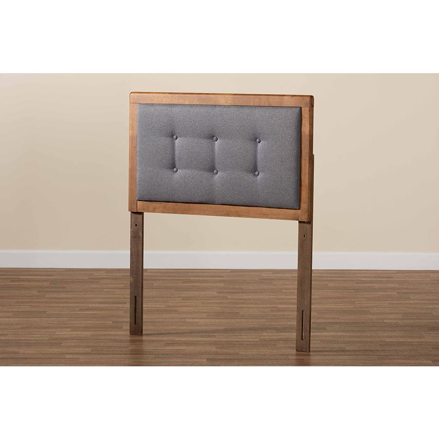 Dark Grey Fabric Upholstered and Walnut Brown Finished Wood Twin Size Headboard. Picture 4