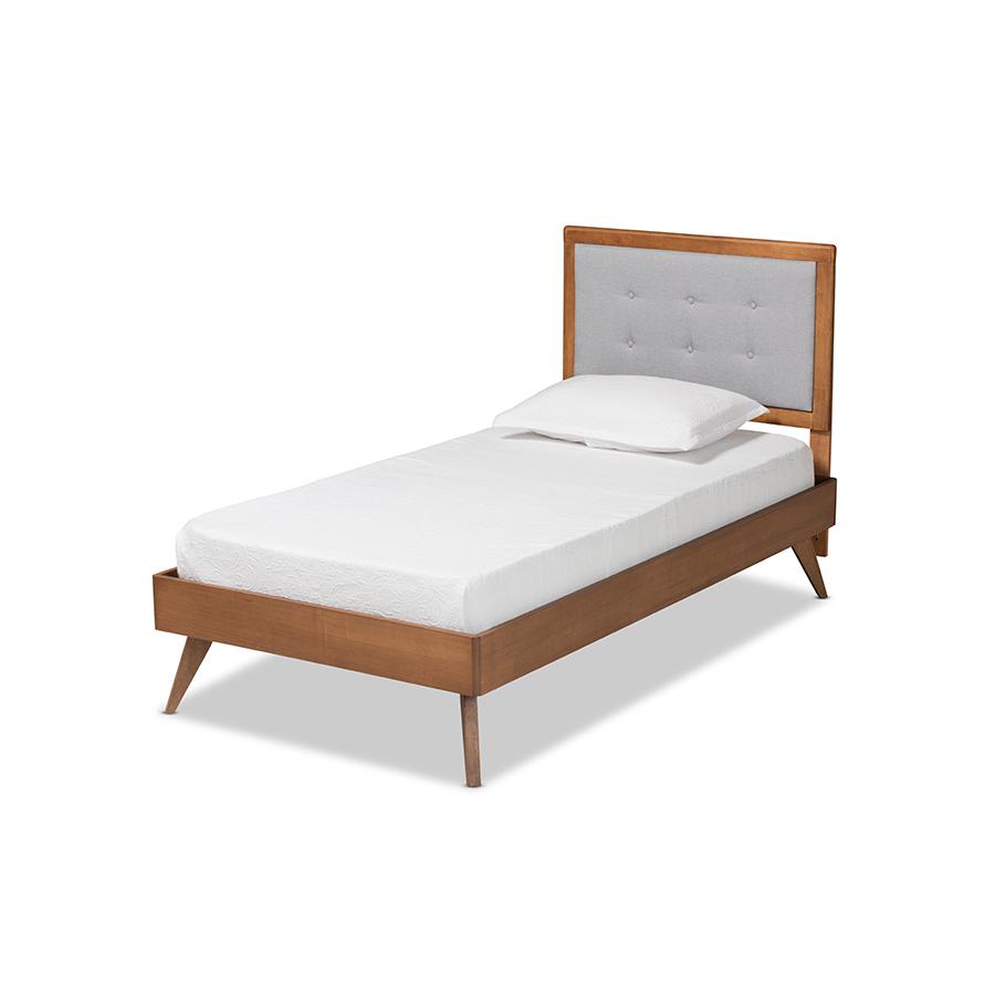 Baxton Studio Alida Mid-Century Modern Light Grey Fabric Upholstered and Walnut Brown Finished Wood Twin Size Platform Bed. Picture 2