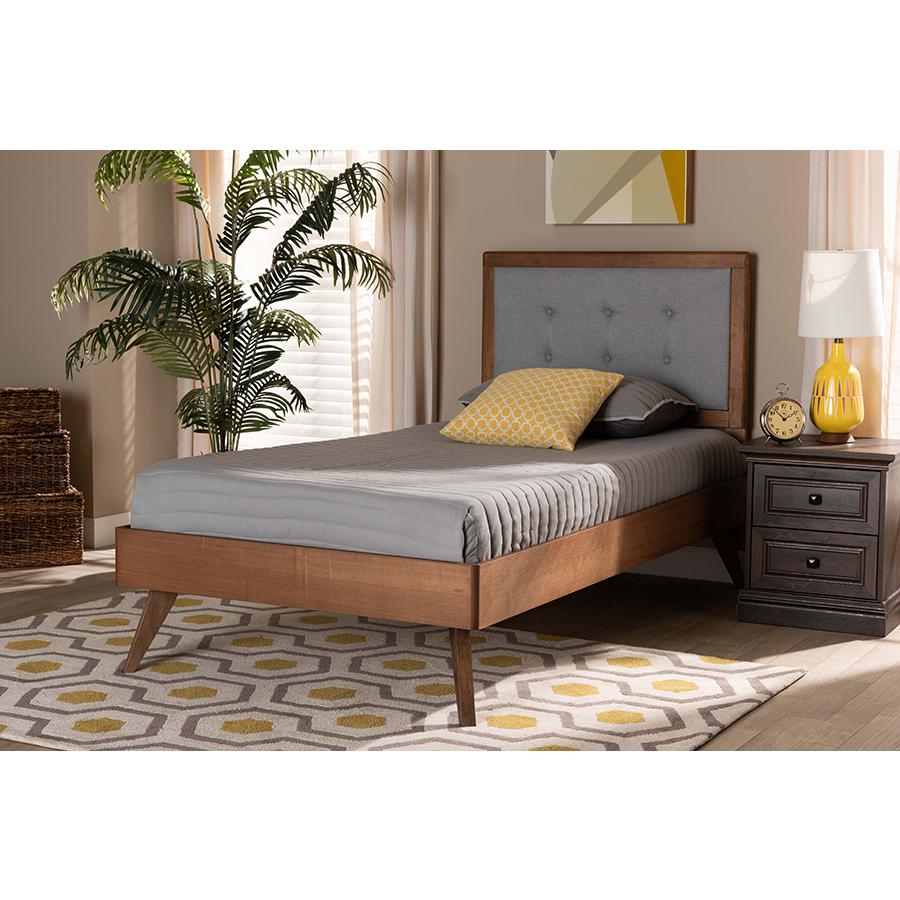 Baxton Studio Alida Mid-Century Modern Light Grey Fabric Upholstered and Walnut Brown Finished Wood Twin Size Platform Bed. Picture 1
