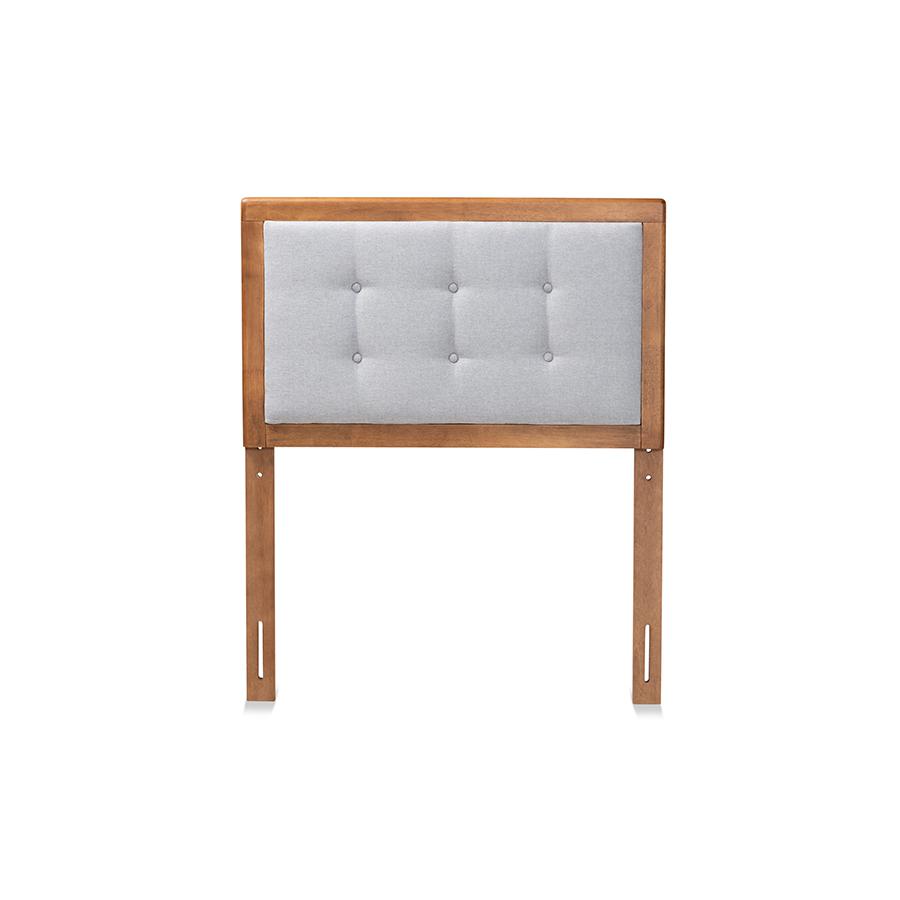 Sarine Mid-Century Modern Light Grey Fabric Upholstered and Walnut Brown Finished Wood Twin Size Headboard. Picture 2