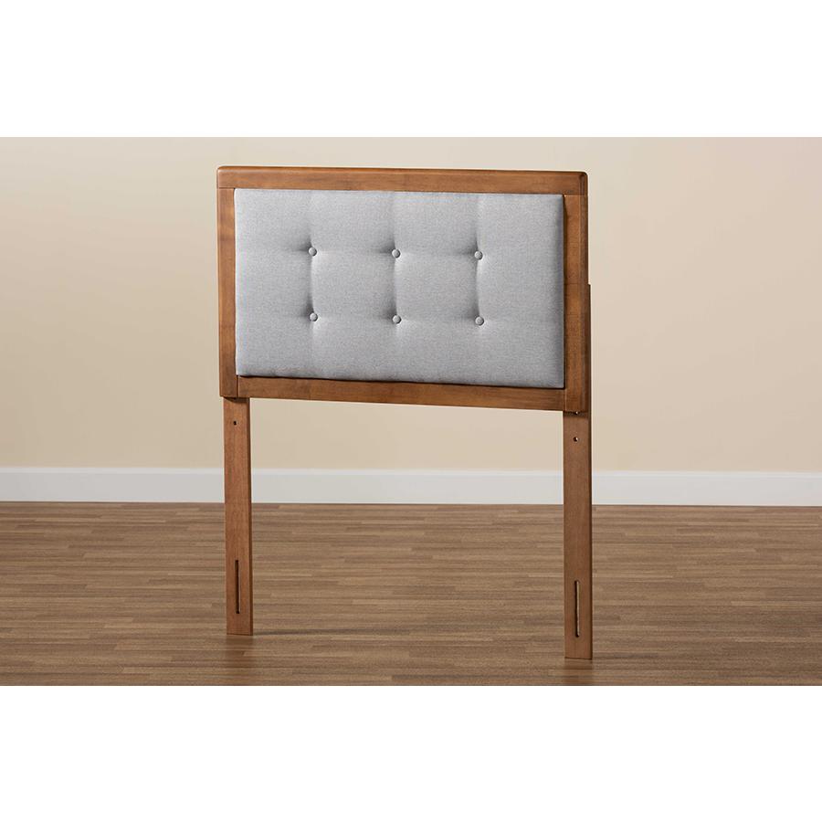 Sarine Mid-Century Modern Light Grey Fabric Upholstered and Walnut Brown Finished Wood Twin Size Headboard. Picture 4