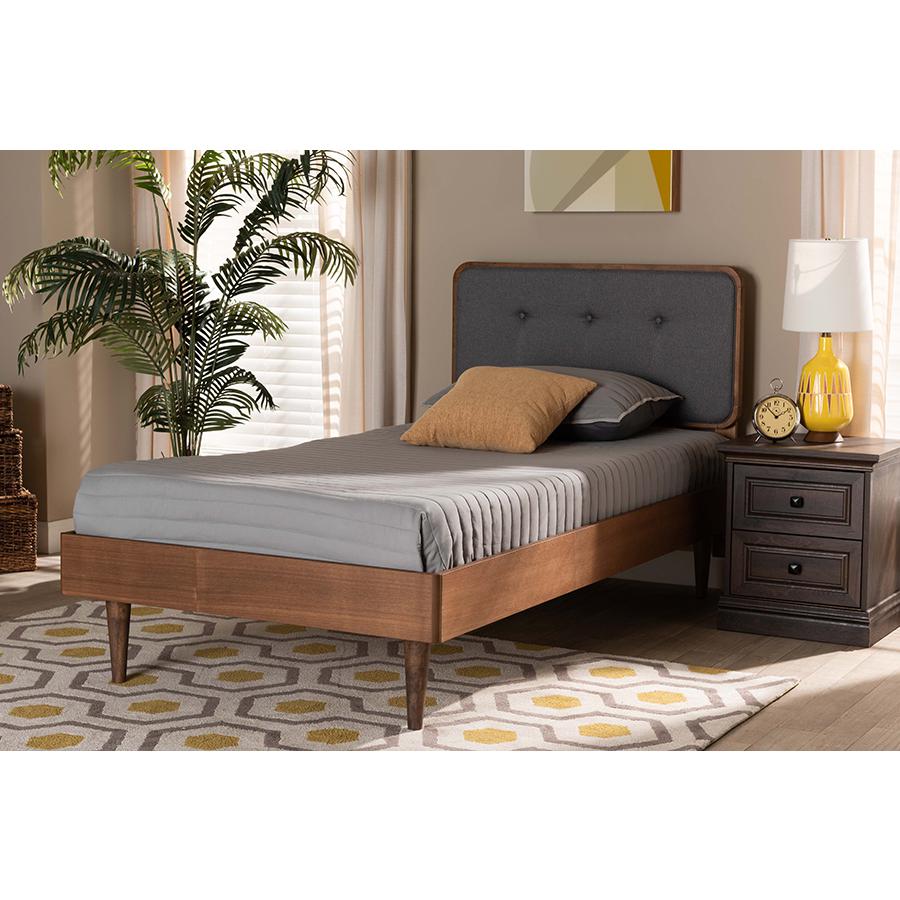 Dark Grey Fabric Upholstered and Ash Walnut Finished Wood Twin Size Platform Bed. Picture 6