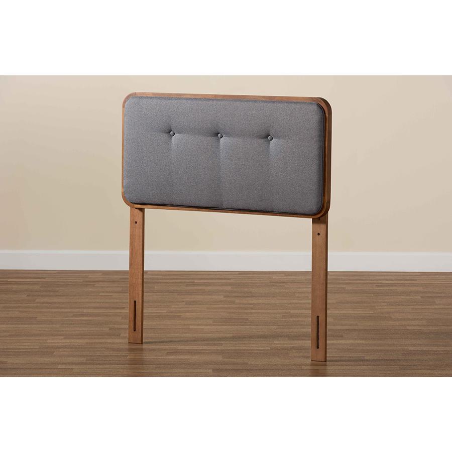 Dark Grey Fabric Upholstered and Walnut Brown Finished Wood Twin Size Headboard. Picture 4