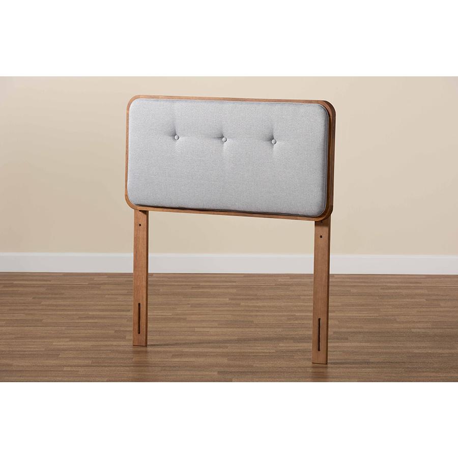 Light Grey Fabric Upholstered and Walnut Brown Finished Wood Twin Size Headboard. Picture 4