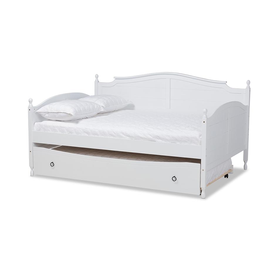 Farmhouse White Finished Wood Full Size Daybed with Roll-out Trundle Bed. Picture 1