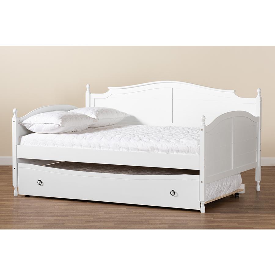 Farmhouse White Finished Wood Full Size Daybed with Roll-out Trundle Bed. Picture 10