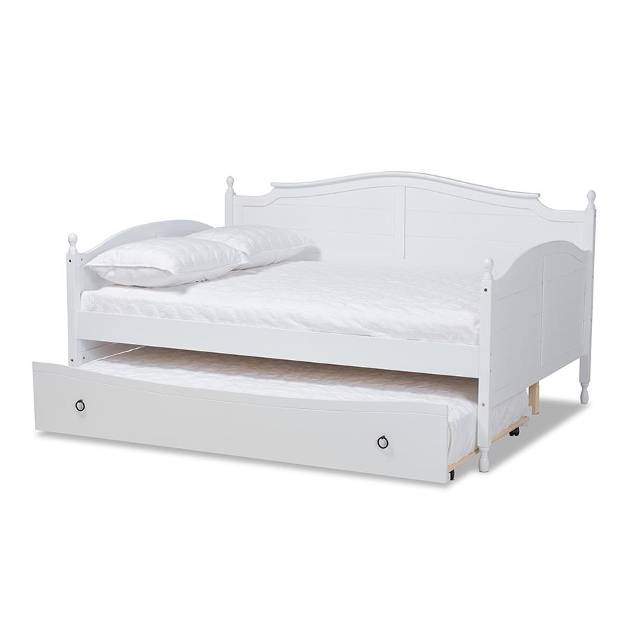 Farmhouse White Finished Wood Full Size Daybed with Roll-out Trundle Bed. Picture 2