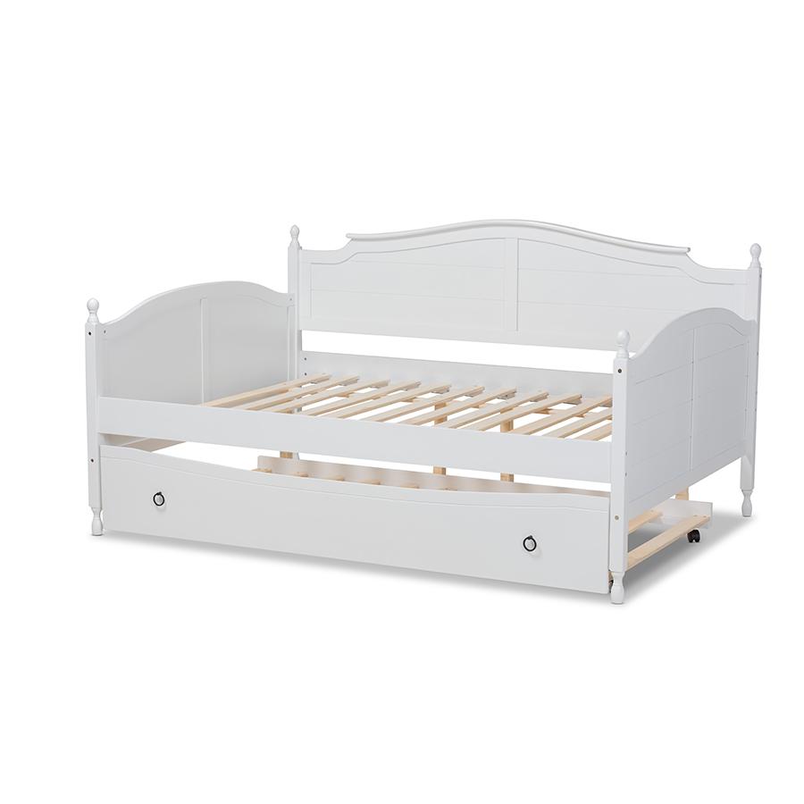 Farmhouse White Finished Wood Full Size Daybed with Roll-out Trundle Bed. Picture 4