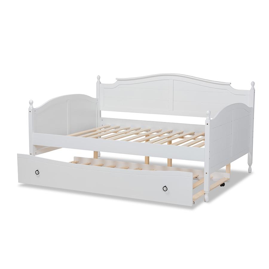 Farmhouse White Finished Wood Full Size Daybed with Roll-out Trundle Bed. Picture 5