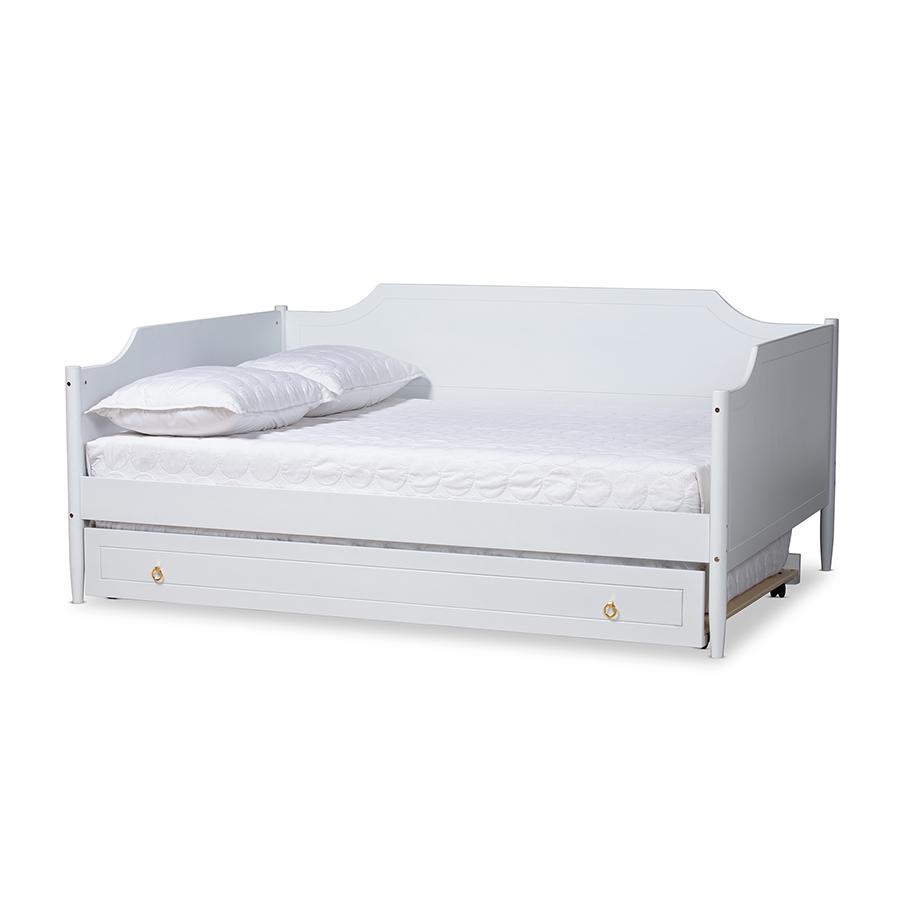 Farmhouse White Finished Wood Full Size Daybed with Roll-Out Trundle Bed. Picture 1