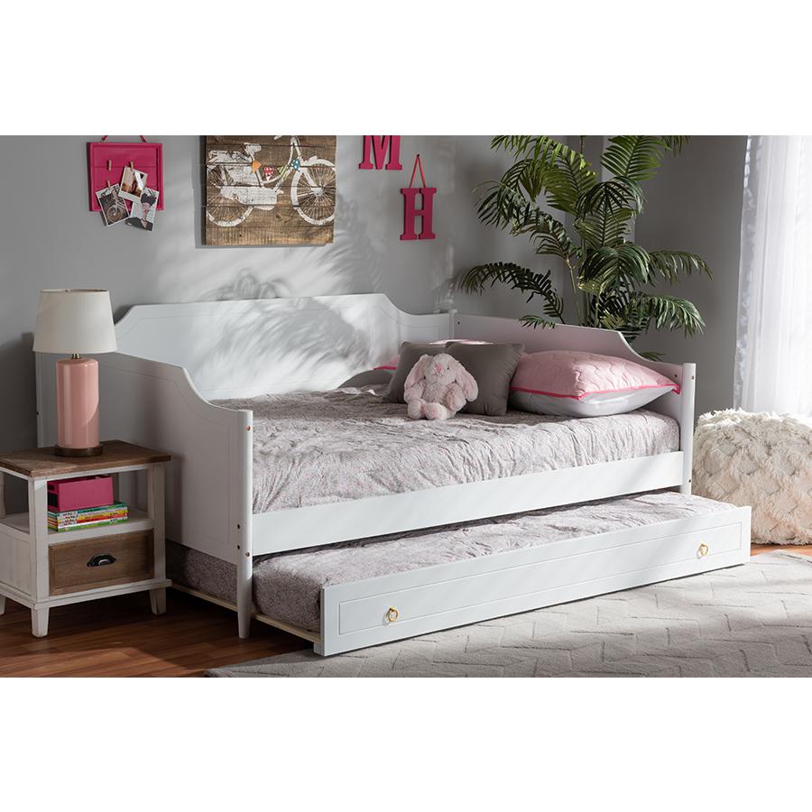 Farmhouse White Finished Wood Full Size Daybed with Roll-Out Trundle Bed. Picture 10