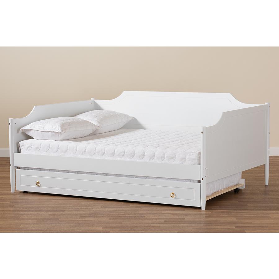 Farmhouse White Finished Wood Full Size Daybed with Roll-Out Trundle Bed. Picture 11