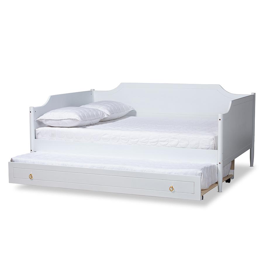 Farmhouse White Finished Wood Full Size Daybed with Roll-Out Trundle Bed. Picture 2
