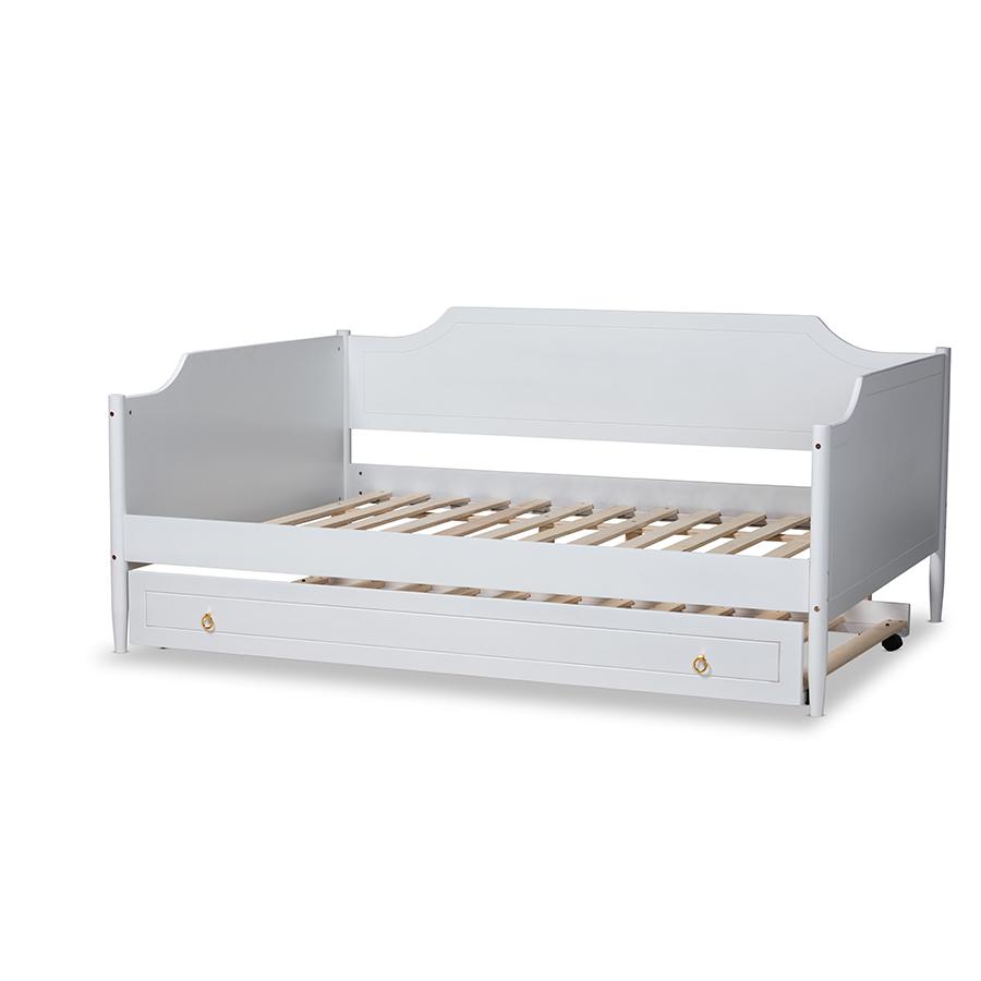 Farmhouse White Finished Wood Full Size Daybed with Roll-Out Trundle Bed. Picture 4