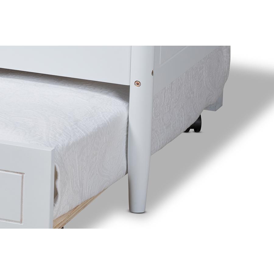 Farmhouse White Finished Wood Full Size Daybed with Roll-Out Trundle Bed. Picture 7