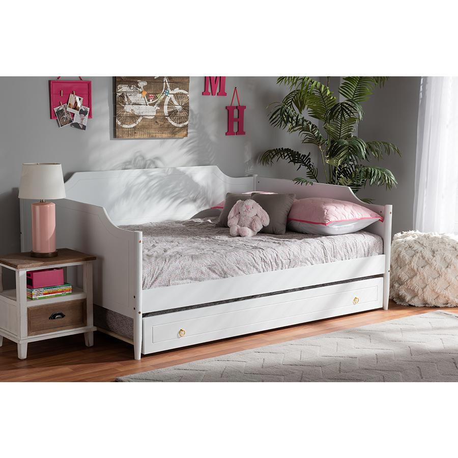 Farmhouse White Finished Wood Full Size Daybed with Roll-Out Trundle Bed. Picture 9