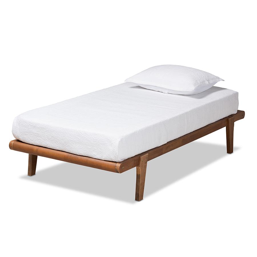 Kaia Mid-Century Modern Walnut Brown Finished Wood Twin Size Platform Bed Frame. Picture 1