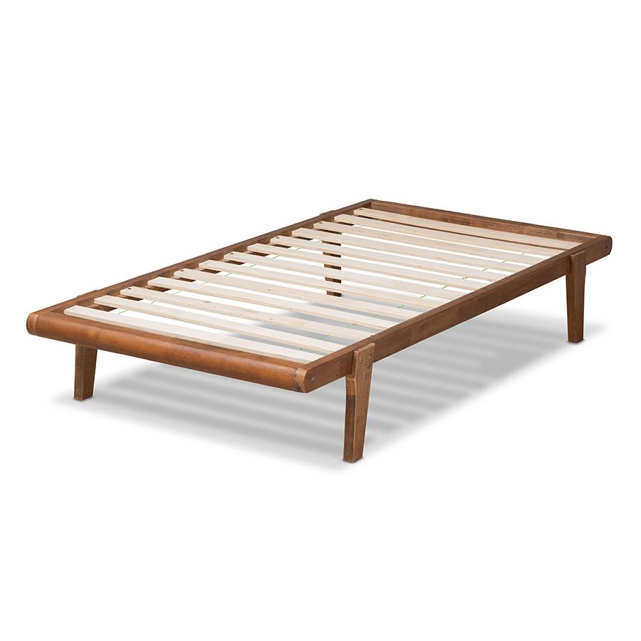 Kaia Mid-Century Modern Walnut Brown Finished Wood Twin Size Platform Bed Frame. Picture 3