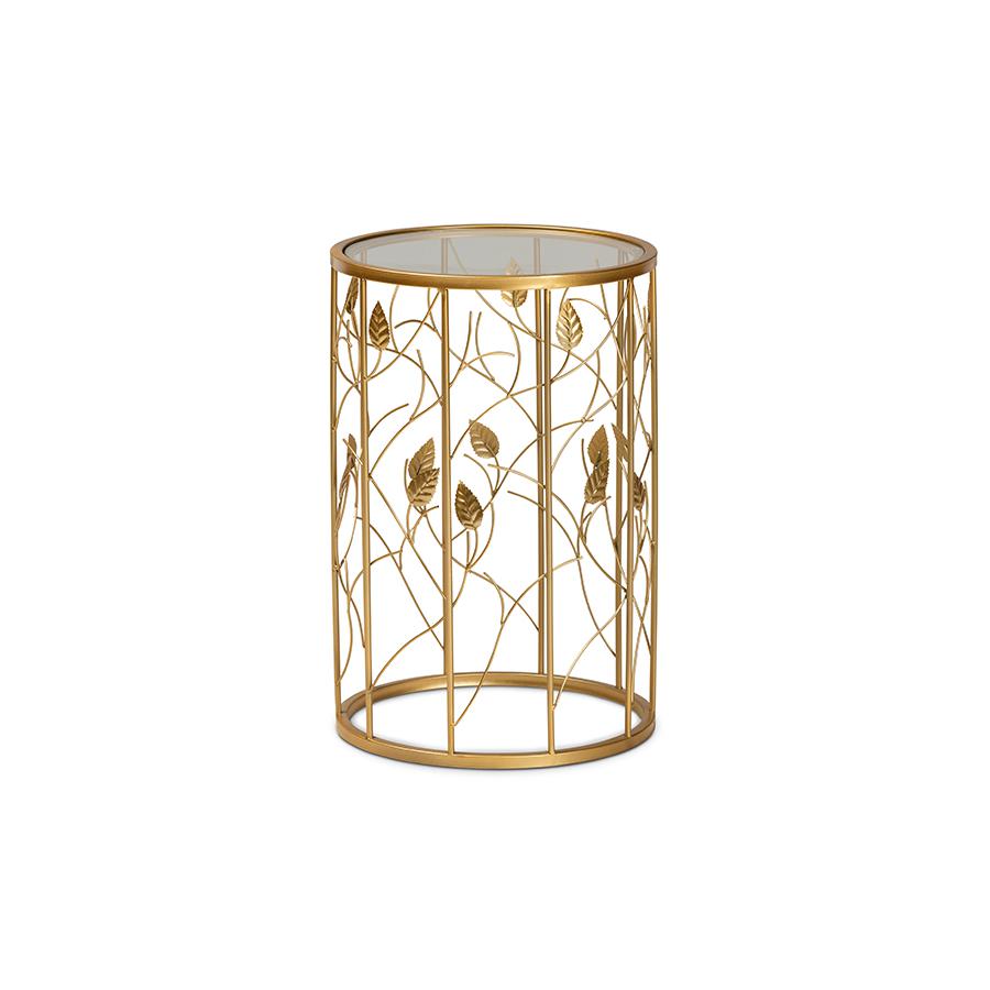 Glam Brushed Gold Finished Metal and Glass Leaf Accent End Table. Picture 1
