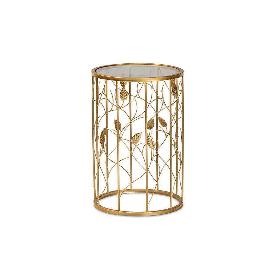 Glam Brushed Gold Finished Metal and Glass Leaf Accent End Table. Picture 2