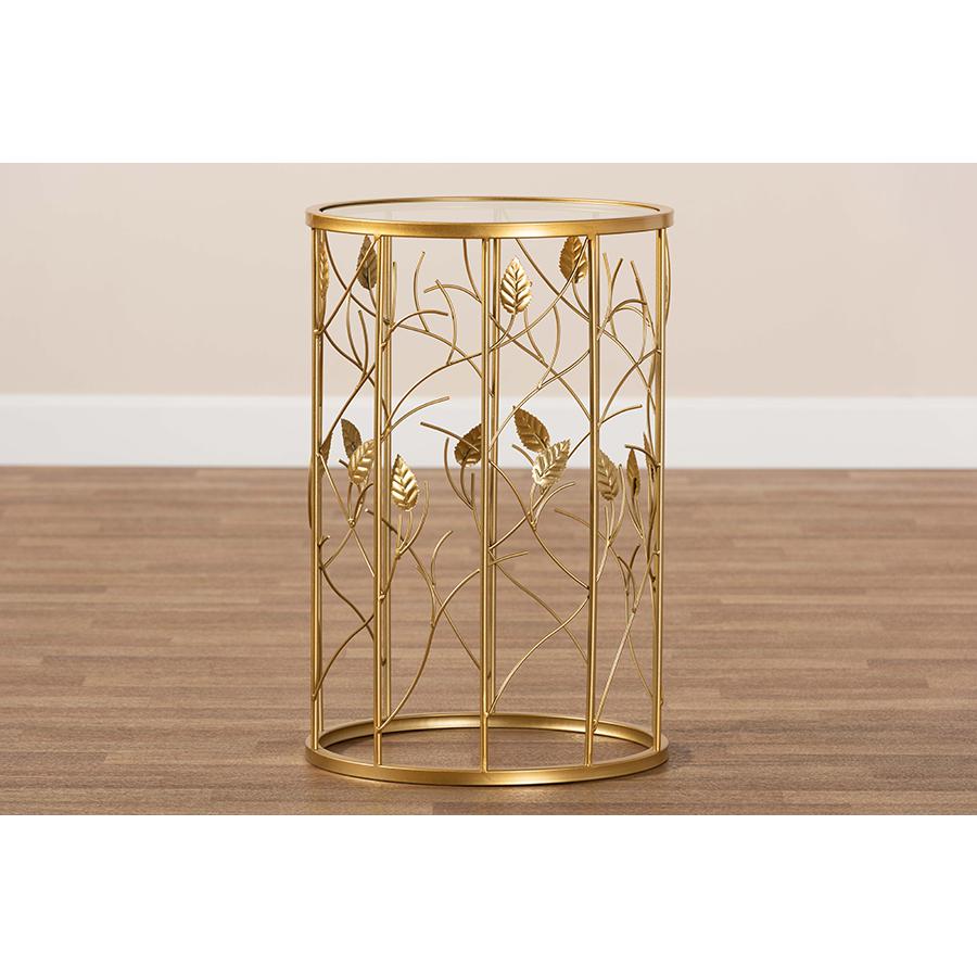 Glam Brushed Gold Finished Metal and Glass Leaf Accent End Table. Picture 6