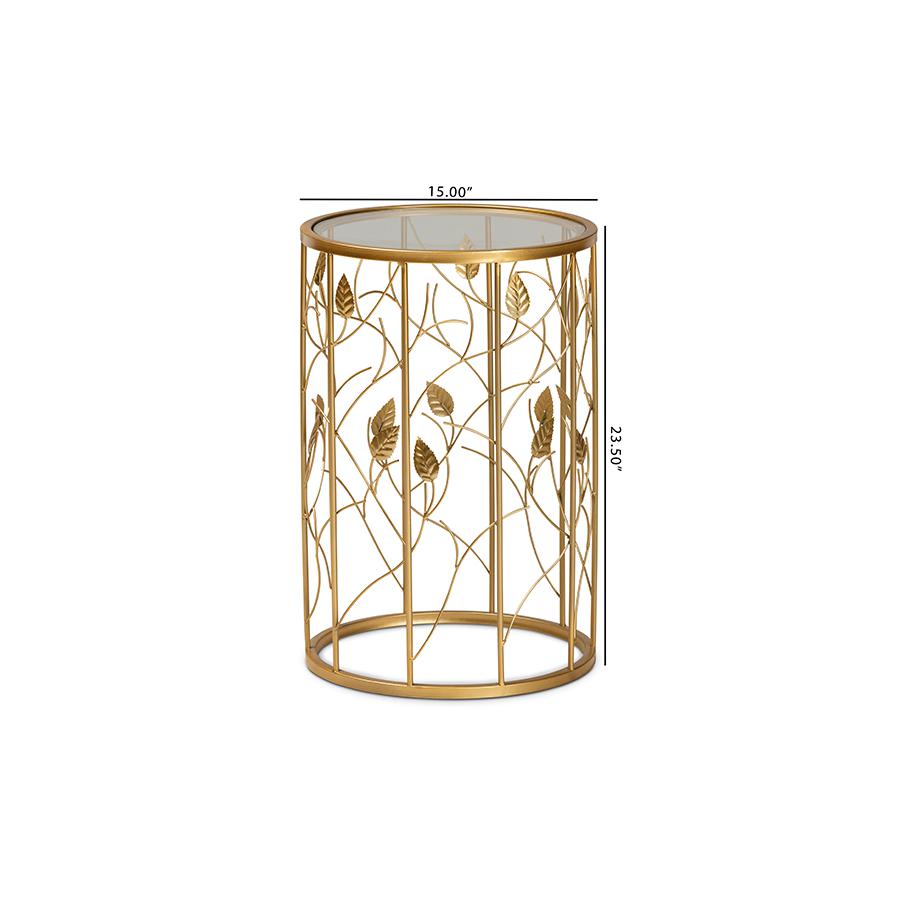 Glam Brushed Gold Finished Metal and Glass Leaf Accent End Table. Picture 7