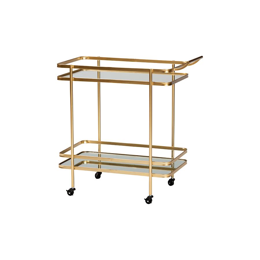 Glam Brushed Gold Finished Metal and Mirrored Glass 2-Tier Mobile Wine Bar Cart. Picture 1