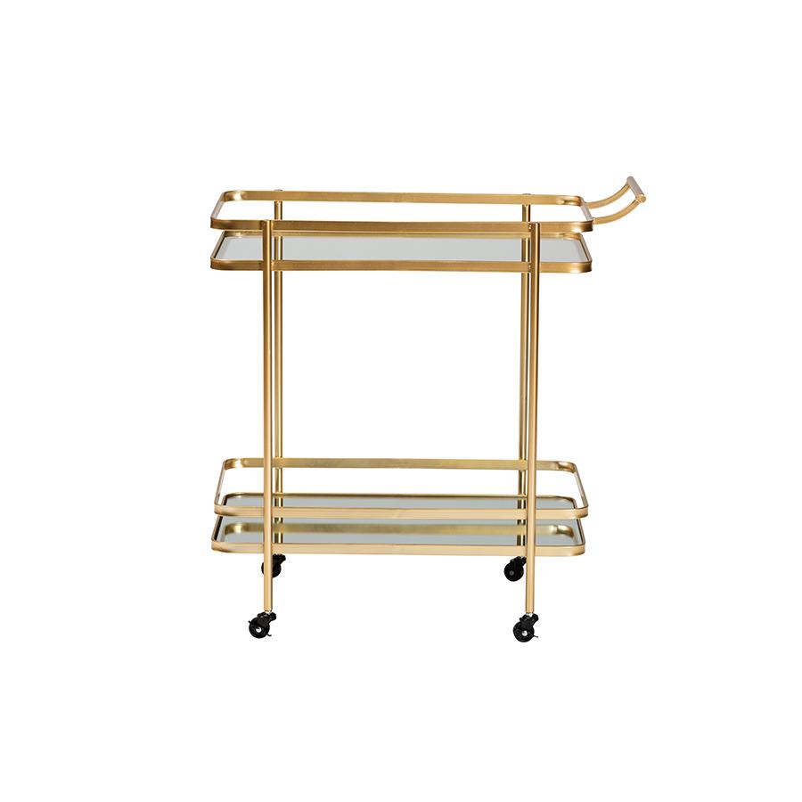 Glam Brushed Gold Finished Metal and Mirrored Glass 2-Tier Mobile Wine Bar Cart. Picture 2