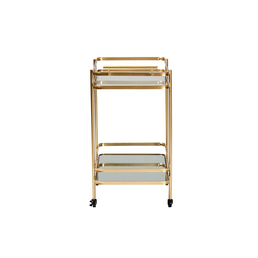 Glam Brushed Gold Finished Metal and Mirrored Glass 2-Tier Mobile Wine Bar Cart. Picture 3