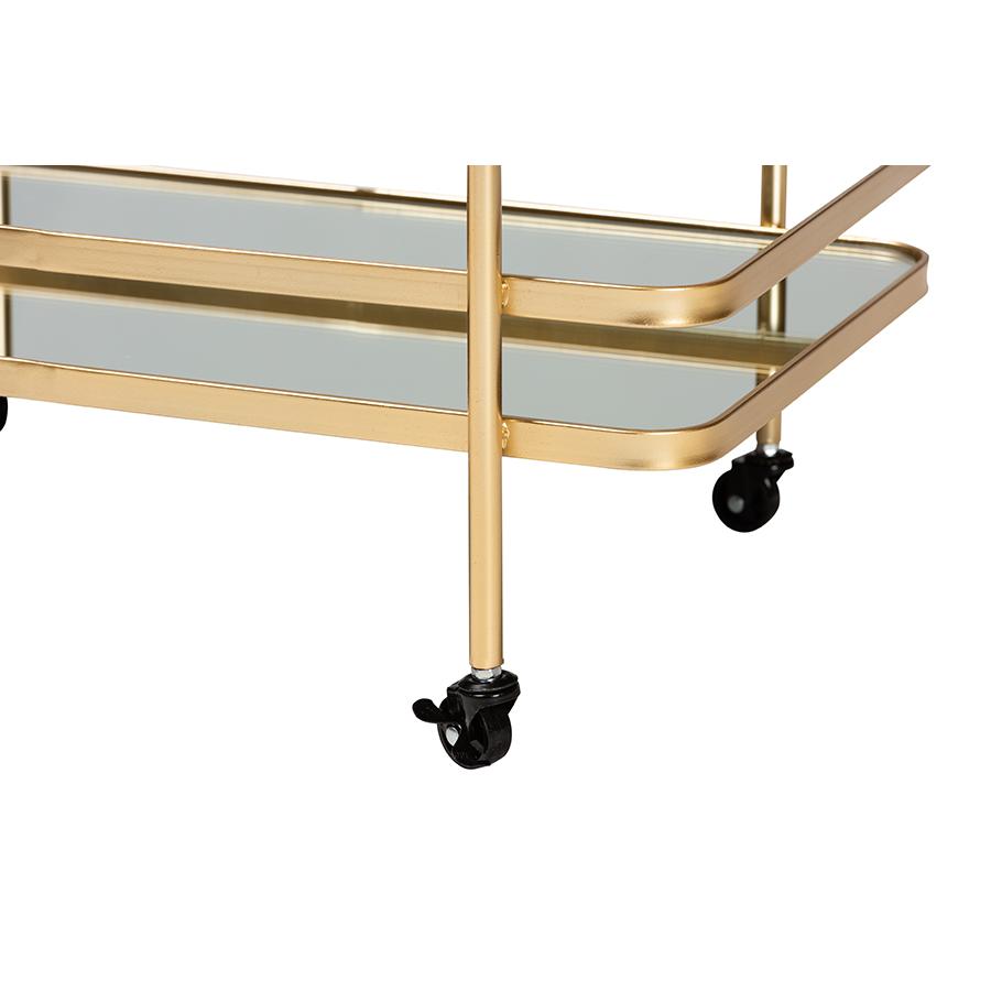 Glam Brushed Gold Finished Metal and Mirrored Glass 2-Tier Mobile Wine Bar Cart. Picture 5