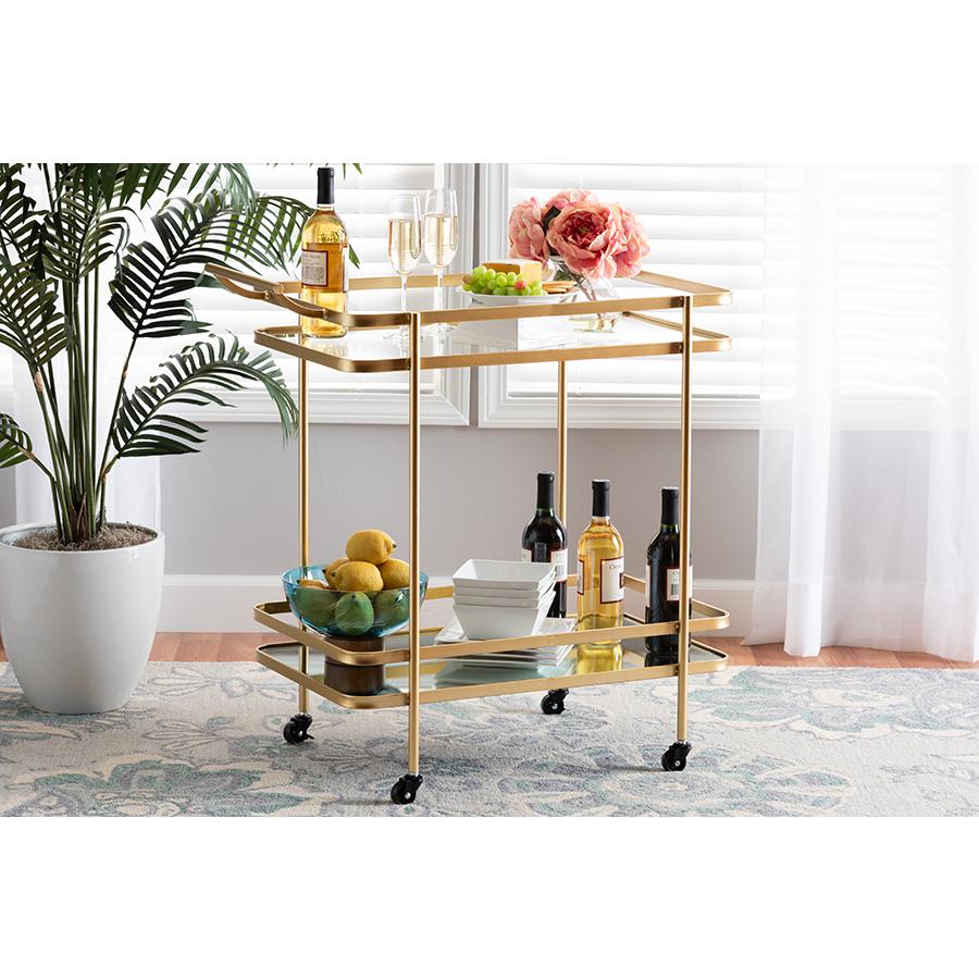 Glam Brushed Gold Finished Metal and Mirrored Glass 2-Tier Mobile Wine Bar Cart. Picture 6