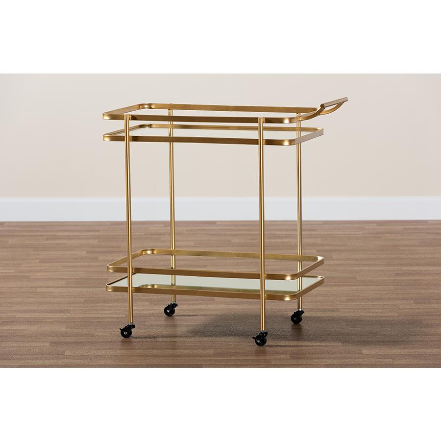 Glam Brushed Gold Finished Metal and Mirrored Glass 2-Tier Mobile Wine Bar Cart. Picture 7
