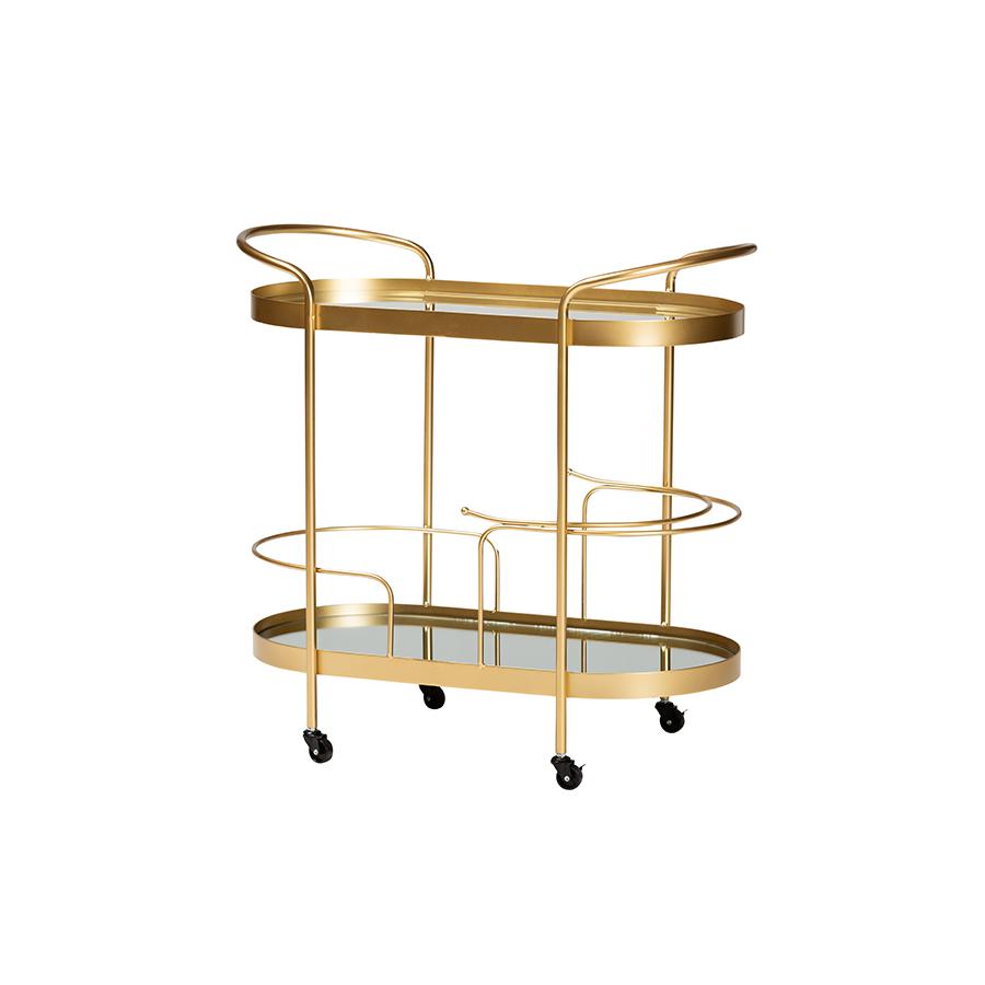 Glam Brushed Gold Finished Metal and Mirrored Glass 2-Tier Mobile Wine Bar Cart. Picture 1