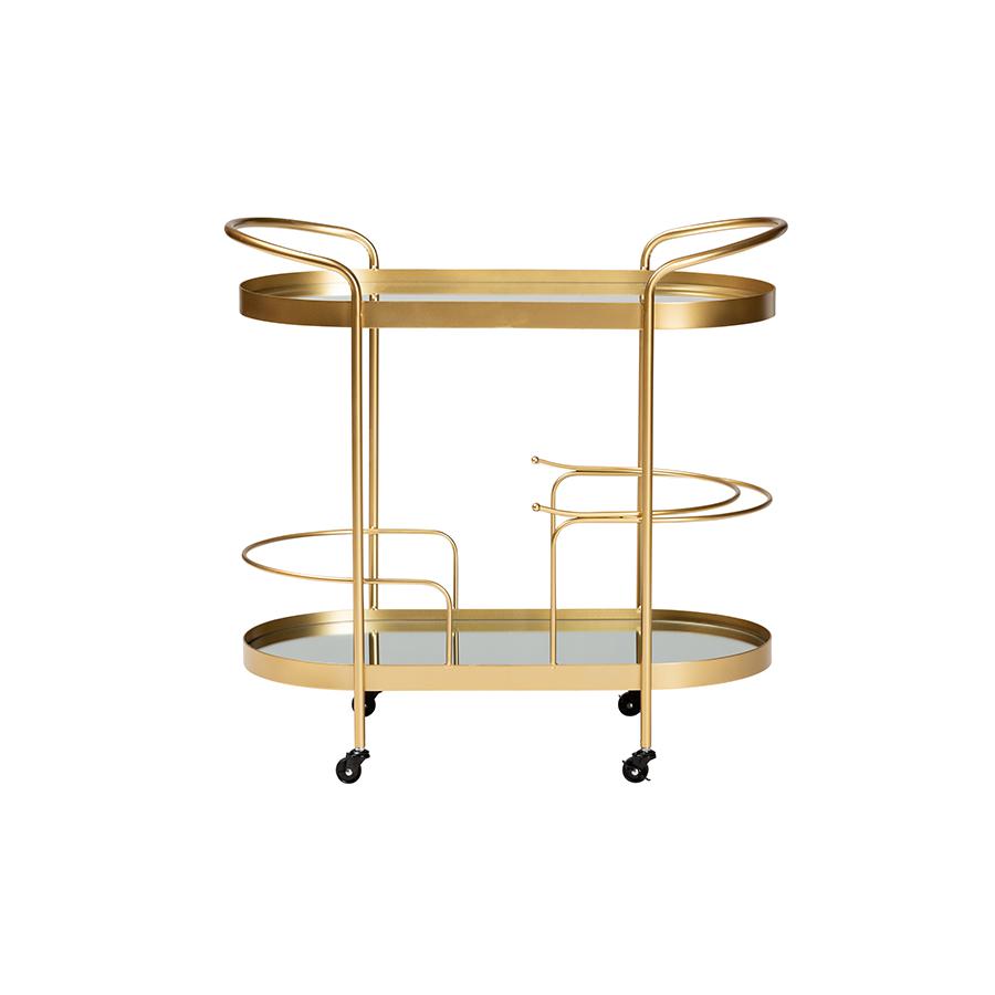 Glam Brushed Gold Finished Metal and Mirrored Glass 2-Tier Mobile Wine Bar Cart. Picture 2