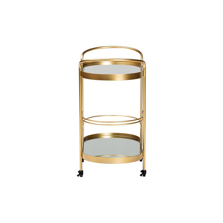 Glam Brushed Gold Finished Metal and Mirrored Glass 2-Tier Mobile Wine Bar Cart. Picture 3