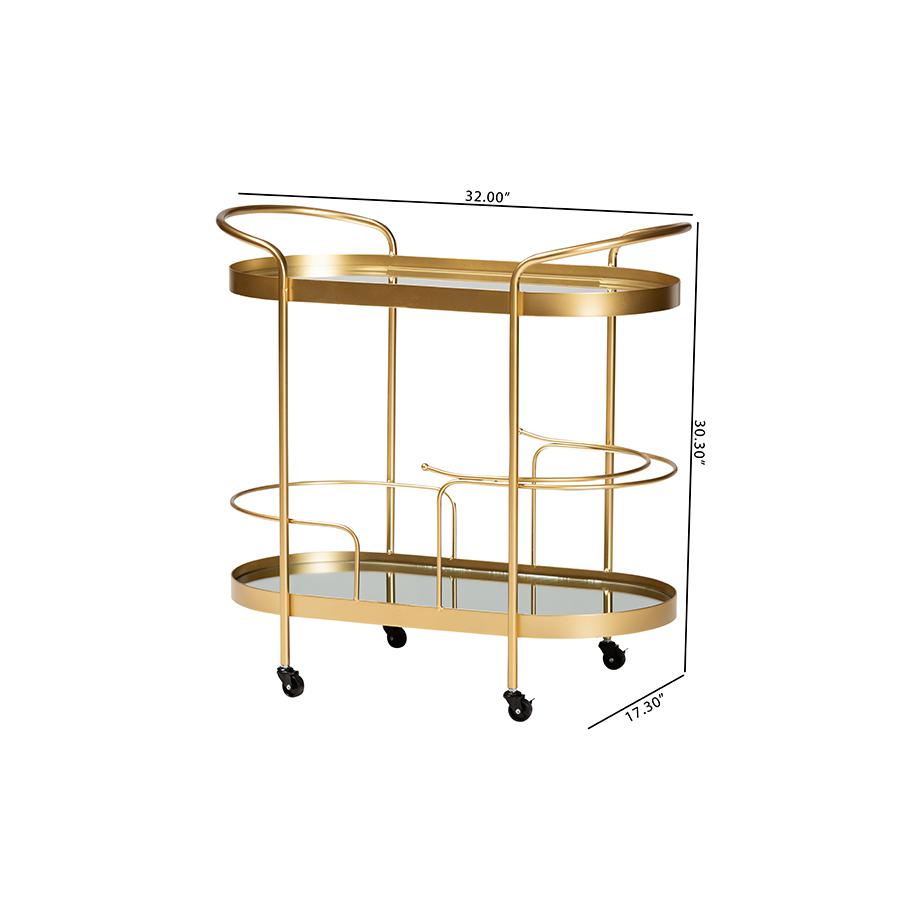 Glam Brushed Gold Finished Metal and Mirrored Glass 2-Tier Mobile Wine Bar Cart. Picture 8