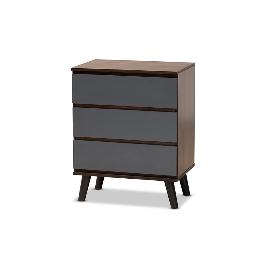 Two-Tone Walnut and Grey Finished Wood 3-Drawer Bedroom Chest. Picture 1