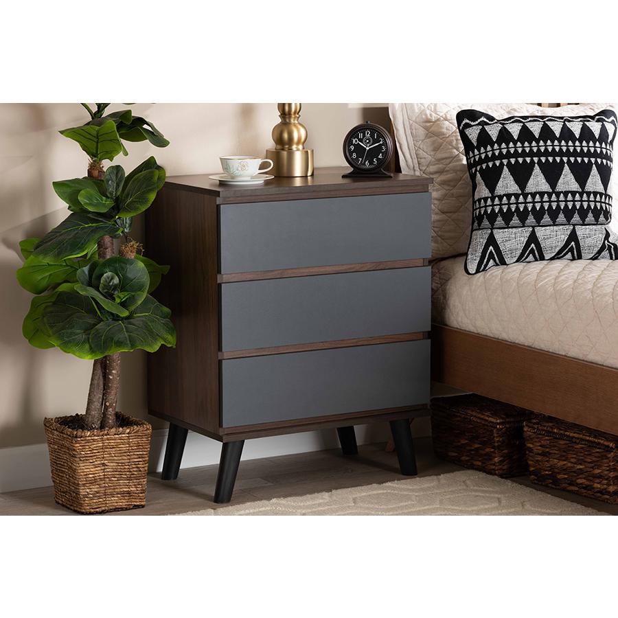 Two-Tone Walnut and Grey Finished Wood 3-Drawer Bedroom Chest. Picture 6